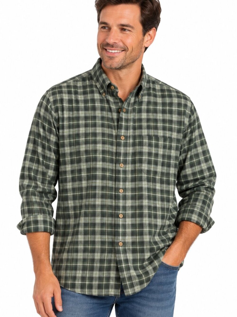 John Ashford Men's Plaid Button Down Shirt 100% Cotton Green Gray Long Sleeve XL